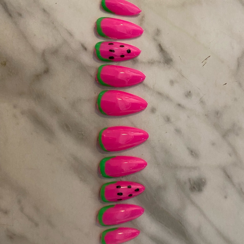 HANDMADE Pink and Green Watermelon Nail Set